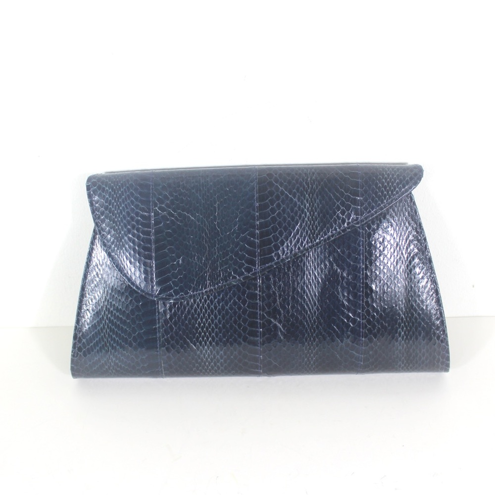 Vintage Dark Blue Snakeskin and Kidskin Large Clutch Purse Evening Bag